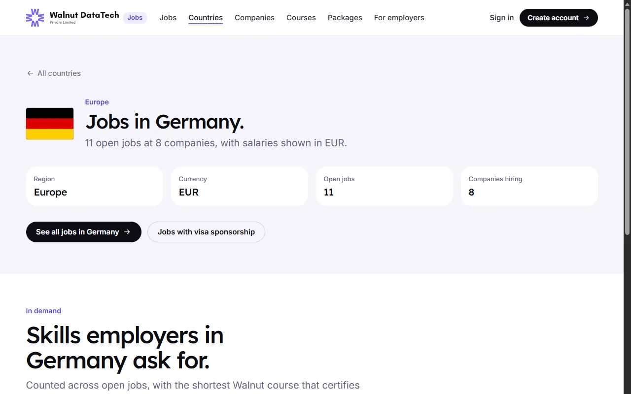 Walnut Jobs: jobs in Germany, with the region, currency, open jobs and companies hiring, and the start of the skills employers in Germany ask for, each with the Walnut course that certifies it. Sample data.