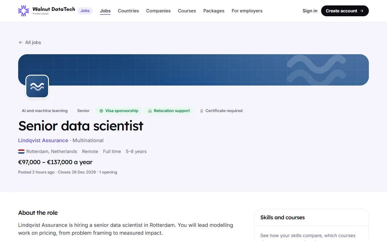 A Walnut Jobs job page for a senior data scientist role in Rotterdam at a sample company, tagged with visa sponsorship, relocation support and certificate required, with the salary and the skills and courses panel. Sample data.