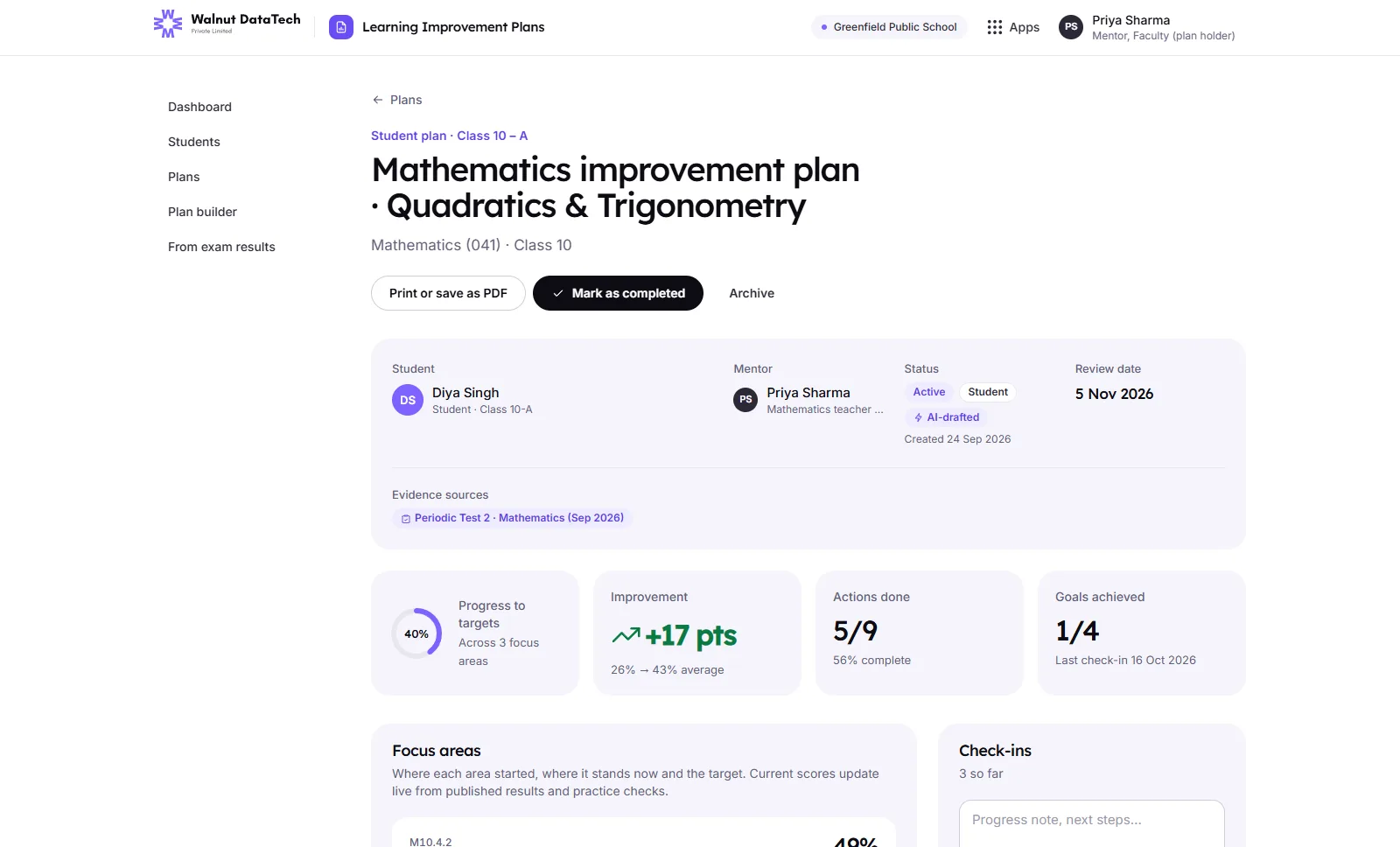 Learning Improvement Plans: a student’s mathematics improvement plan with progress to targets, improvement in points, actions done, goals achieved and focus areas. Sample data.