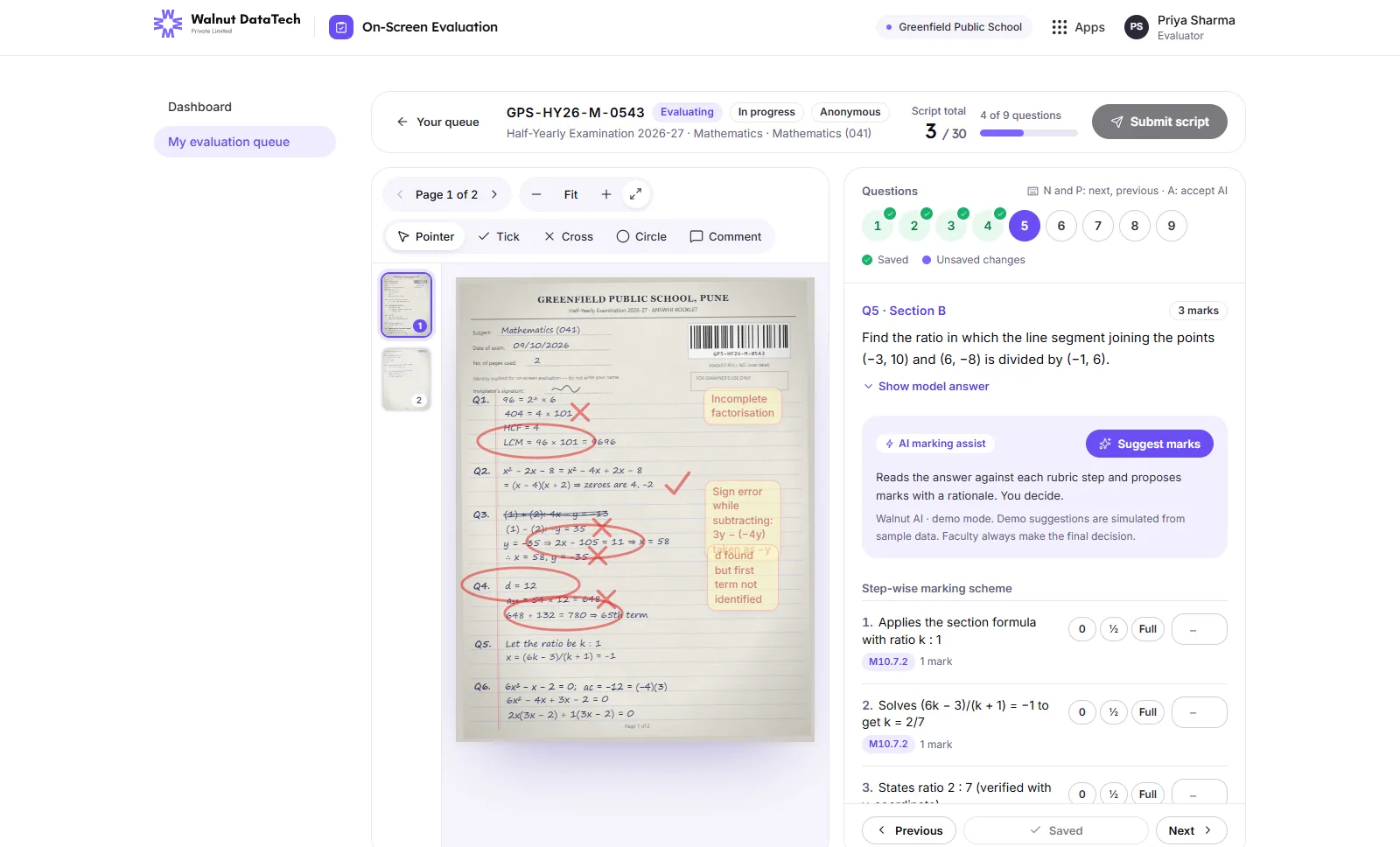 On-Screen Evaluation: a scanned mathematics answer sheet marked with ticks, crosses and comments, beside the question, the AI marking assist and the step-wise marking scheme. Sample data.