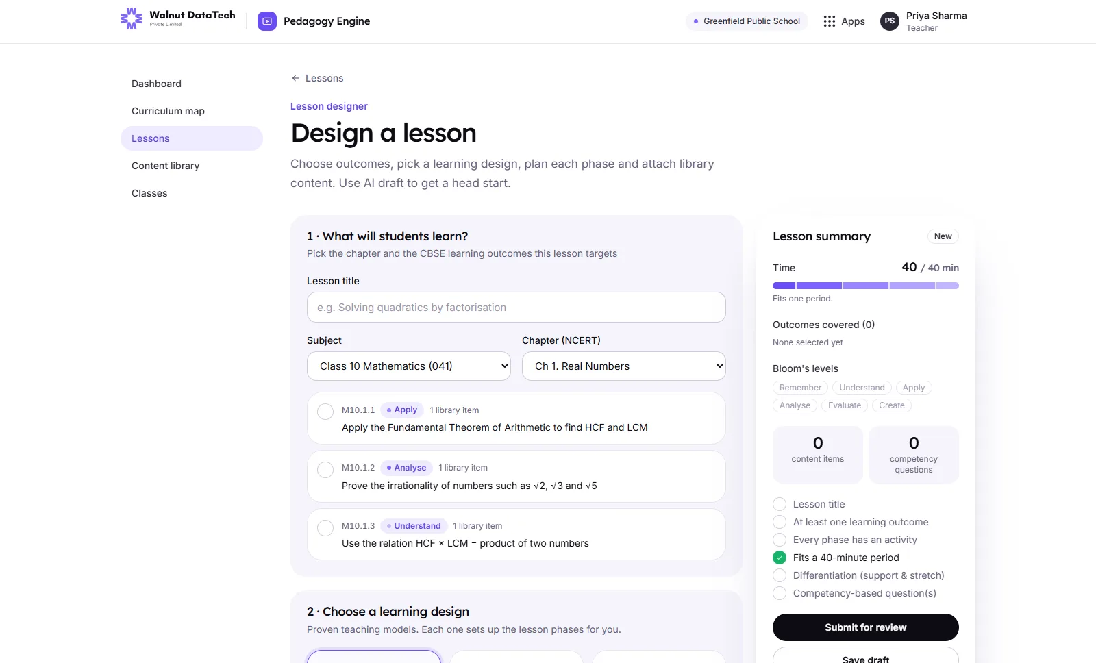 Pedagogy Engine: the lesson designer, choosing a chapter and CBSE learning outcomes for a Class 10 mathematics lesson, with a lesson summary and checklist. Sample data.