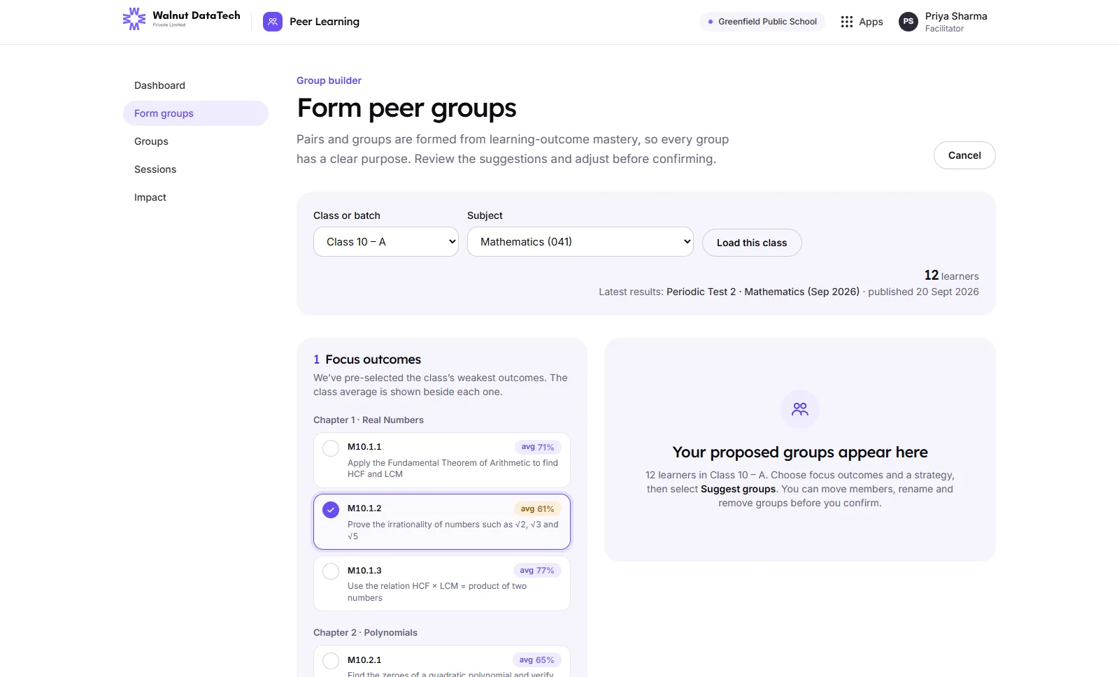 Peer Learning: the group builder, choosing a class’s weakest learning outcomes, with the class average beside each, to form peer groups. Sample data.